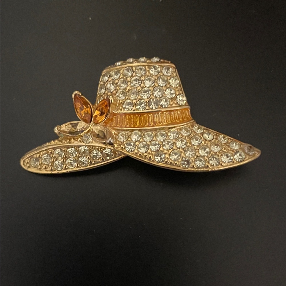 Vintage Monet Wide-Brim Hat Brooch - Gold and Amber